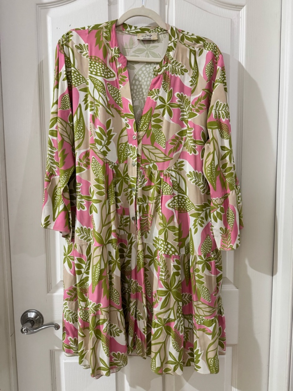 M Made in Italy Botanical Cotton Tiered Dress | Pink, Olive & Ivory | Resort